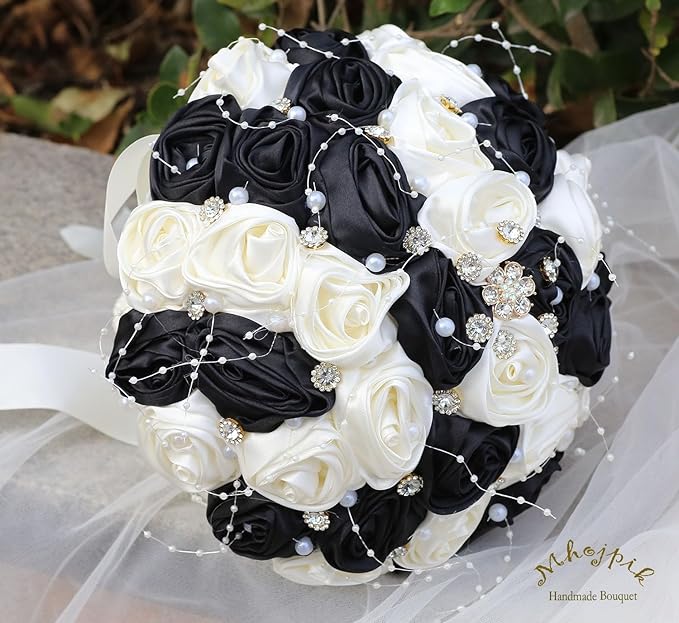 Bridal Wedding Bouquet Round Bling Brooch Bouquet Throw Toss Artificial Rose Flower Bunch for Bride Bridesmaid Wedding Quinceanera(Black & Ivory, 7.5")