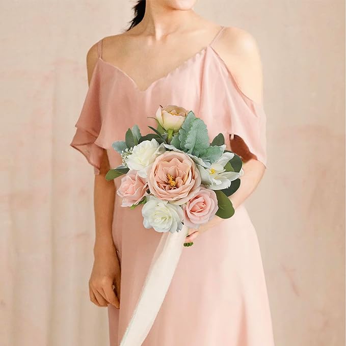 Rinlong 1Pc Wedding Bouquets for Bridesmaids Bride Pink Green Artificial Flowers Bridesmaids Bridal Bouquet for Wedding Prom