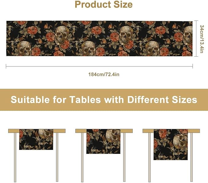 Gothic Table Runner,Vintage Skull Red Floral Pattern Table Runner for Home Kitchen Table Dining Garden Farmhouse Wedding Party Decor 13x120 Inch