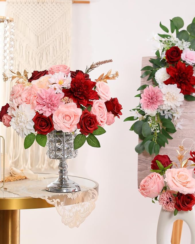 Senseya Artificial Flowers Combo, Dark Pink Silk Roses, Peonies, Dahlias with Stems for DIY Wedding Bouquets, Baby Shower, Table Centerpieces, Home Decor, Fake Floral Arrangements, Party Decorations