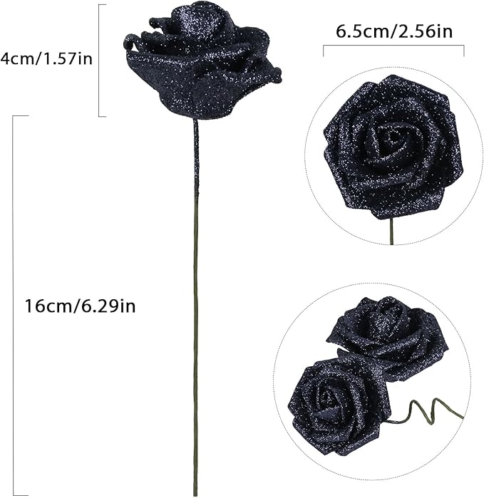 Glitter Roses 30pcs 2.56" Artificial Grey Black Roses with Stems for Baby Shower Decorations