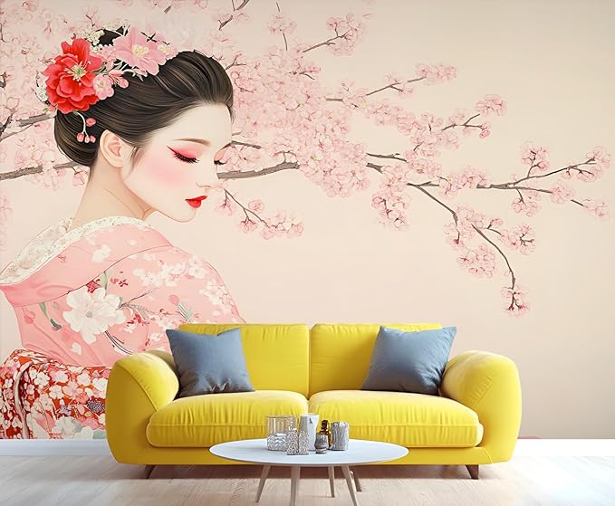 KIREUPA Japanese Cherry Blossom Wall Mural, Kimono Woman Geisha 3d Wall Murals, Oriental Beauty Wallpaper Mural, for Living Room Bedroom Large Wallpaper Indoor Decor 59" W x39.4 H