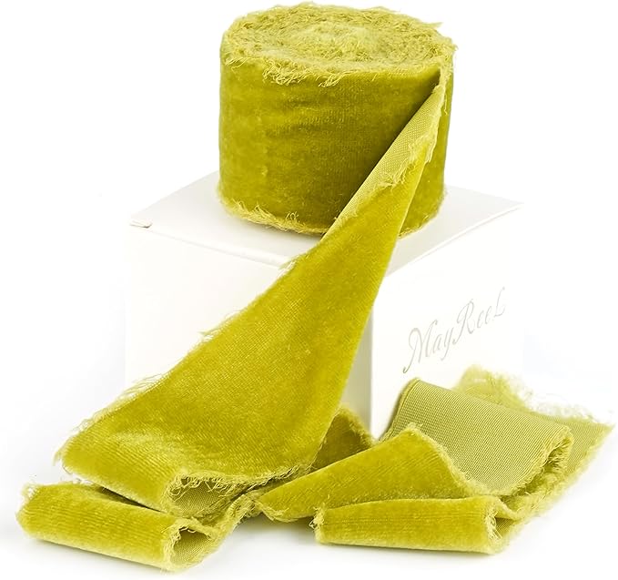 MAYREEL Lime Green Velvet Ribbon 2 Inch x 3 Yards Frayed Edge Silk Velvet Ribbon Hand Torn with Raw Edge for Bridal Bouquet, Invitations, Wedding, Vow Books, Gift Basket, Hair Bows