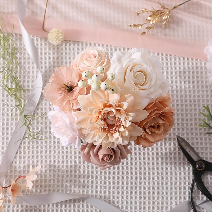 Artificial Flowers Combo, Mix Silk Flowers Roses, Peonies, Dahlias with Stems for DIY Wedding Bridal Bouquet, Baby Shower, Table Centerpieces, Home Decor, Fake Floral Arrangements-Boho Nude