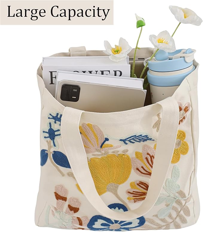 Aesthetic Embroidery Tote Bag for Lady Cute Reusable Canvas Shoulder Bag for Girls Women Shopping Grocery