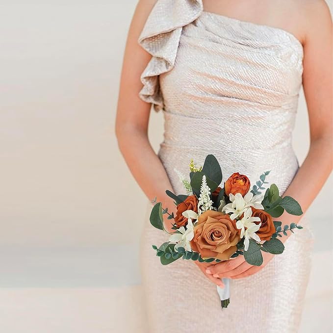 Rinlong 1Pc Fall Wedding Bouquets for Bridesmaids Burnt Orange Sage Artificial Bridesmaid Bouquet for Wedding Prom