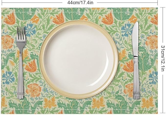 William Morris Placemats Boho Rural Farmhouse Vintage Floral Art Printed Dining Table Mats Set of 4 for Home Kitchen Holiday Picnic Party Decor 12x18in