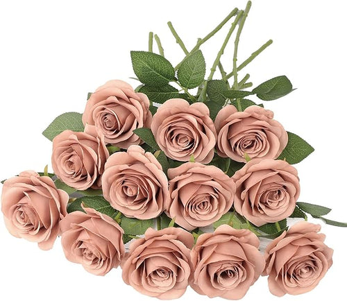 12pcs Roses Artificial Flowers Dusty Rose Fake Flowers with Long Stems Silk Flowers for Wedding Bouquet Centerpices Decorations Party Bridal Baby Shower Home Decor