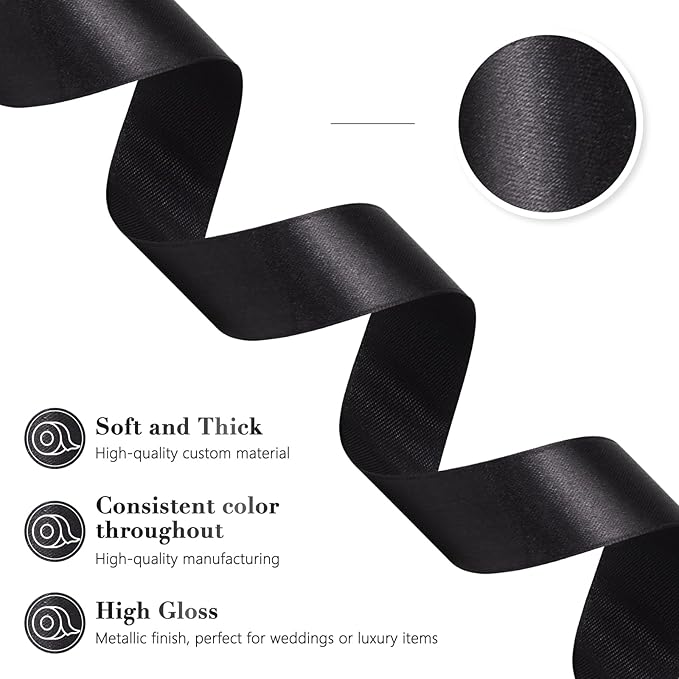 Black Ribbon 1 Inch 60 Yards, Versatile Black Satin Ribbon for Flower Bouquet, Graduation Lei, Crafts, Gift Wrapping, Baby Shower, Halloween and Wedding Decorations