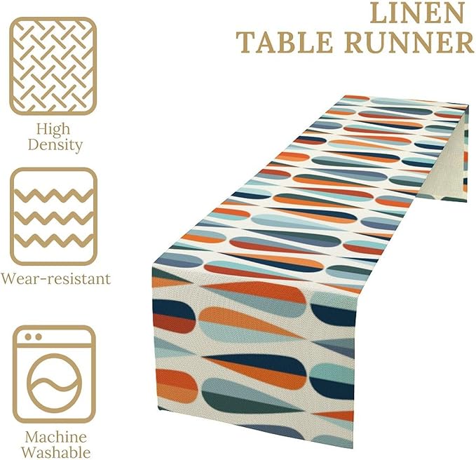 Mid Century Modern Table Runner Retro Blue Orange Grey Water Droplets Geometric Table Runner for Kitchen Dining Room Dining Table Decoration 13x120in