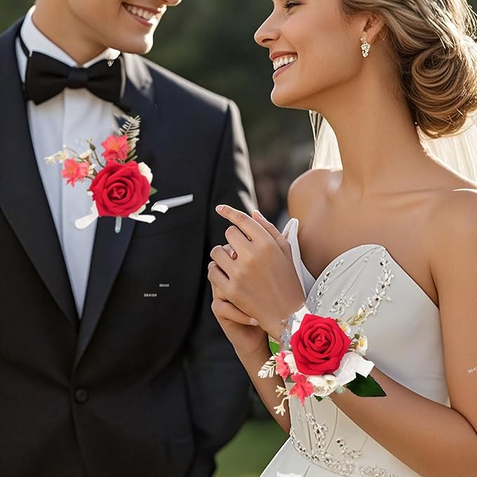 Wrist Corsage and Boutonniere Set, Artificial Rose Corsage Wristlet and Boutonniere for Wedding Prom Party (Red, 2pcs)