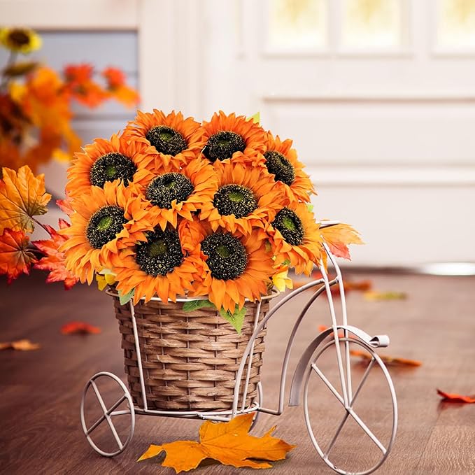 10 Pcs Sunflowers Artificial Flowers with Long Stems Silk Fake Large Sunflowers Bulk Bouquet Fall Decorations for Outdoor Indoor Home Vase Table Wedding Party Garden DIY Decor (Orange)