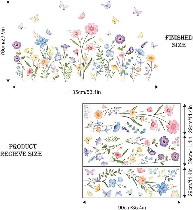 Flower Wall Decals Watercolor Wildflower Grass Butterflies Wall Stickers Peel and Stick Wall Art Decor for Girls Bedroom Living Room Home Office Wall Decor