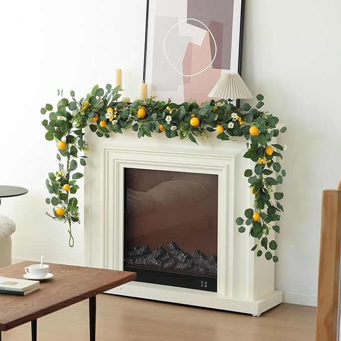 Mizii Artificial Lemon Garland 6FT Fake Fruit Lemons Garland with Green Eucalyptus Leaves Hanging Vines Greenery Decorations for Kitchen Table Centerpieces Room Wall Party Birthday Decor (Eucalyptus)