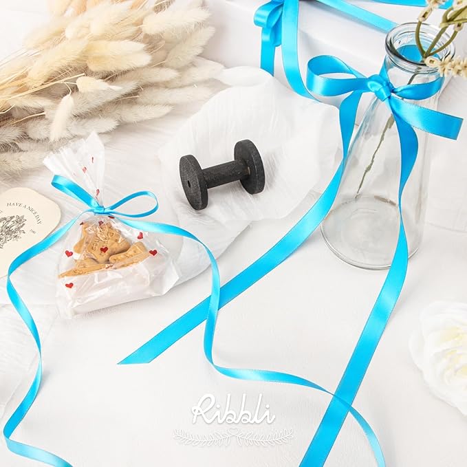 Ribbli Turquoise Blue Satin Ribbon Double Faced Satin 1/2 inch x Continuous 50 Yards- Turquoise Ribbon for Gift Wrapping Crafts Wedding Decoration Bows Bouquet Floral Arrangement