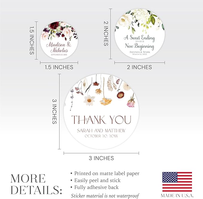 Personalized Floral Wedding Stickers with Your Choice of 30 Flower Styles - Choose Font and One of Five Pre-made Phrases or Add Custom Text (008 - White Wildflowers)