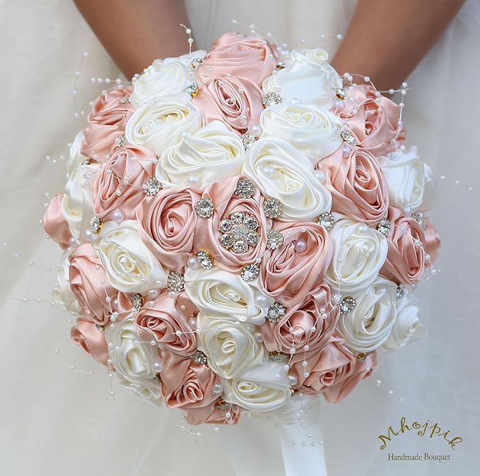 Bridal Wedding Bouquet Round Bling Brooch Bouquet Throw Toss Artificial Rose Flower Bunch for Bride Bridesmaid Wedding Quinceanera(Peach Pink & Ivory, 8.7")