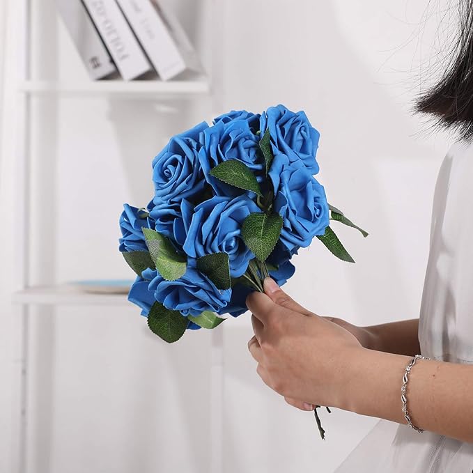 Artificial Flowers Roses 50pcs Blue Roses Wedding Decoration Real Looking Fake Roses w/Stem for DIY Wedding Bouquets Centerpieces Arrangements Party Baby Showers Home Decorations (Royal Blue, 50 pcs)