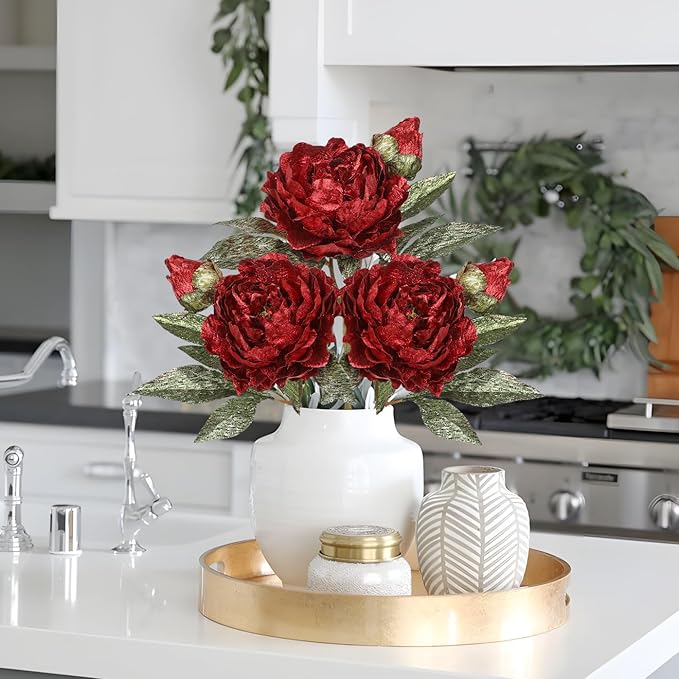 Briful 3PCS Red Artificial Christmas Peony Flower Stems, 15in Silk Peonies with Bud Fake Peony Floral Arrangement for Xmas Home Vase Party Wedding Bouquet Decor