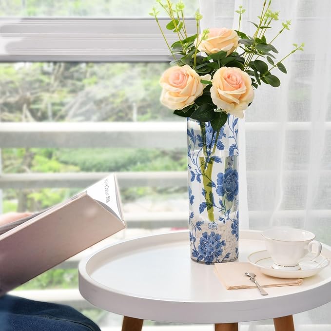 Flower Vase Clear Plastic Cylinder Vases Decor for Centerpieces Home Storage Office Weddings Flowers Blue and White Pattern 11.8 x 3.9 in