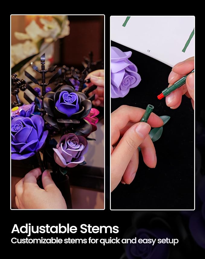 iATOM Flower Bouquet Building Set, Christmas Purple Roses Botanical Collection Kits for Adults Women - Gothic Home Office Table Centerpiece Decor - IA11004