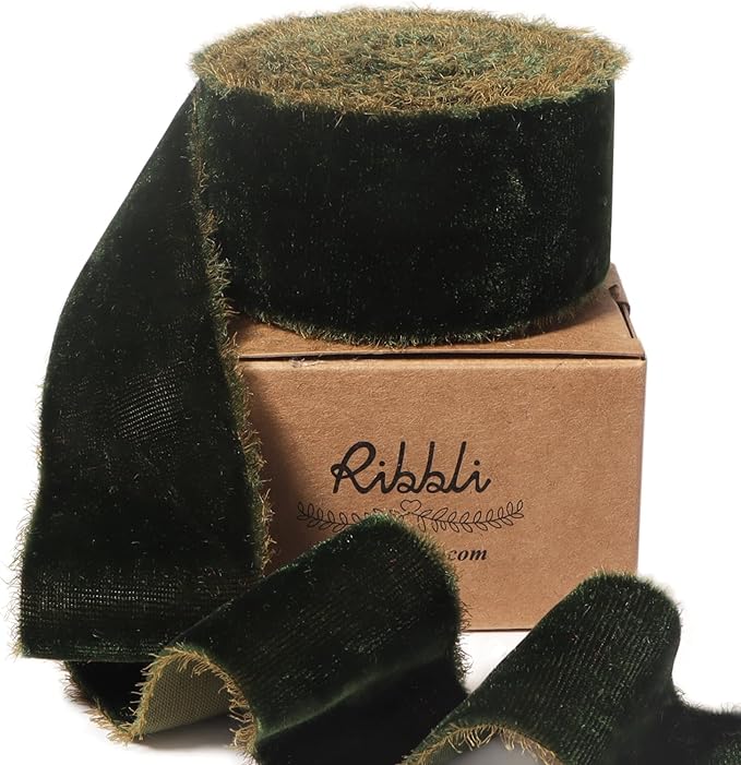 Ribbli Dark Moss Velvet Ribbon 1.5 Inch Handmade Frayed Vintage Christmas Ribbon for Gift Wrapping Christmas Tree Ornament Wreath Craft Home Decor -3 Yards