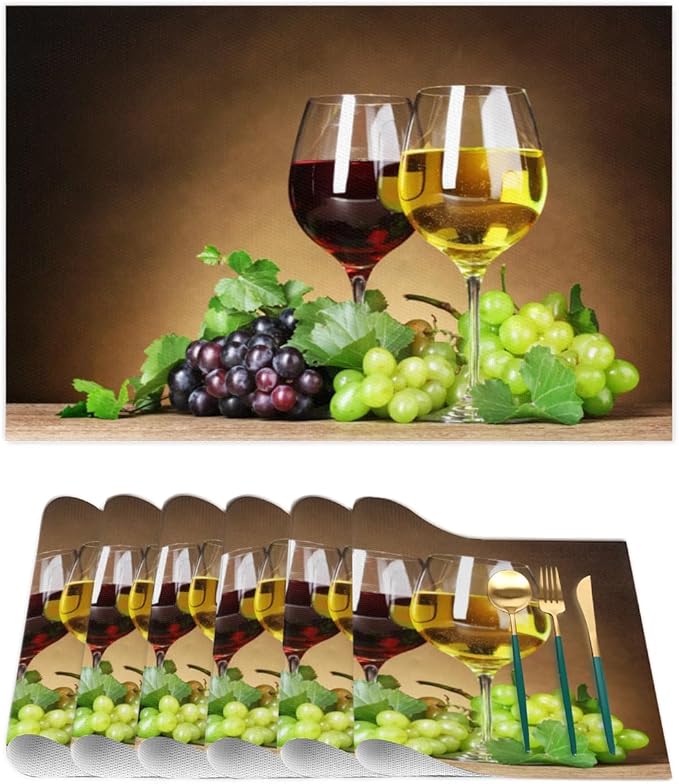 PVC Placemats Set of 6 Grape Red Wine Glass Wipeable Table Mats Washable Heat Resistant Non Slip Vinyl Dining Table Mat for Kithen Indoor Outdoor Patio Farmhouse Place Mats Decorative