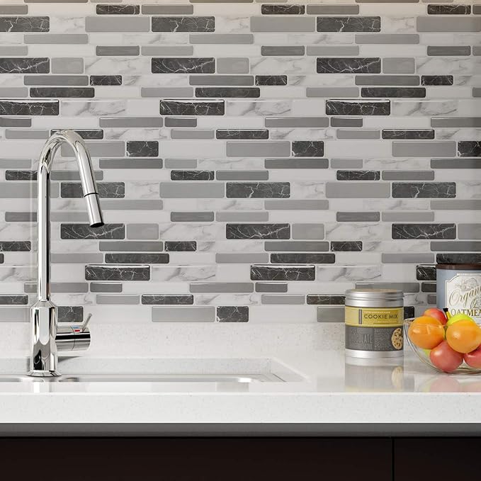 Art3d 12"x12" Peel and Stick Backsplash Tile for Kitchen, Marble Grey (6-Sheet)