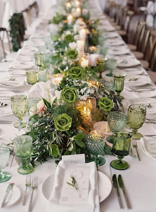 Green Glitter Foam Roses Artificial Flowers 30 PCS Artificial Flowers 2.17 in Glitter Flowers with Stem for DIY Wedding Bridal Bouquet Party Centerpieces Decor(Green)