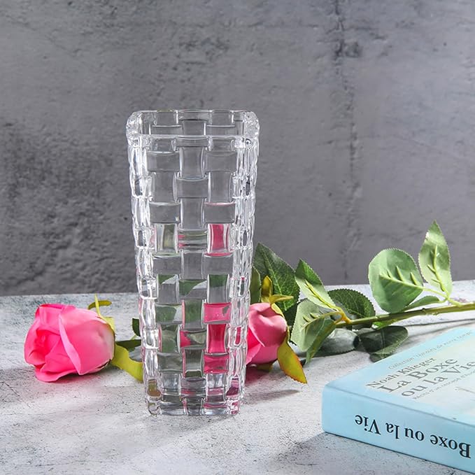 Clear Glass Vase for Flowers Square Embossed Rectangle 6in High Glass Bud Vases Small Vase for Flowers Plant Terrarium Candle Holder Water Glasses for Wedding Centerpiece Office Table, Rattan