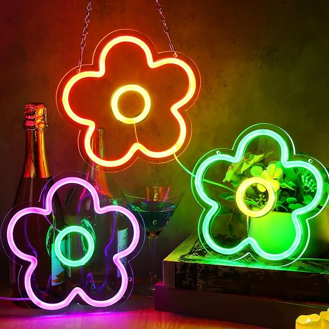 Baquler 3 Pcs Flower Neon Sign Light up Flower Sign Retro Neon LED Lights USB Powered for Wall Decor Window Bedroom Home Girls Birthday Christmas Party Decoration, 9 x 9 Inches(Bright)