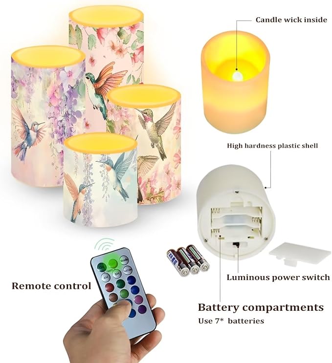 Watercolor Floral Hummingbird Flameless Candles Battery Powered LED Candles with Remote Timer Color Changing Control for Indoor Outdoor Home Decoration Set of 4