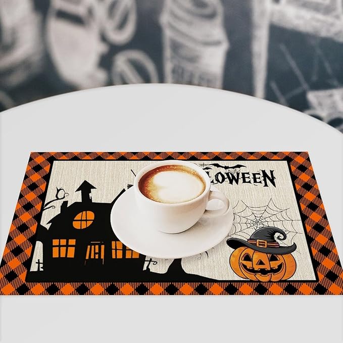 Halloween Placemats Cartoon Retro Funny Horror Castle Spider Web Magic Witch Pumpkin Bat Pumpkin Placemats Table Kitchen Dining Party 12x18 Inch Set of 6
