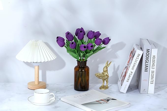 SITUMEIZI 15pcs Tulips Fake Artificial Flowers Real Touch 14" Silk Flower for Home Decor Easter Spring Wedding Bouquet Decorations Mother's Gift Day Floral Arrangements(Deep Purple)