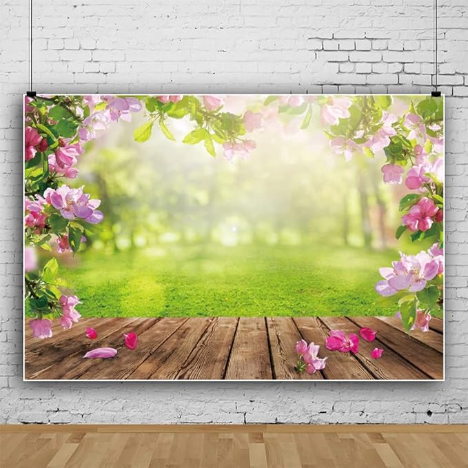 Renaiss 10x8ft Spring Nature Scenery Pink Flower Blossom Green Leaves Wood Floor Park Floral Meadow Photography Background for Wedding Baby Shower Birthday Party Decor Photo Studio Props