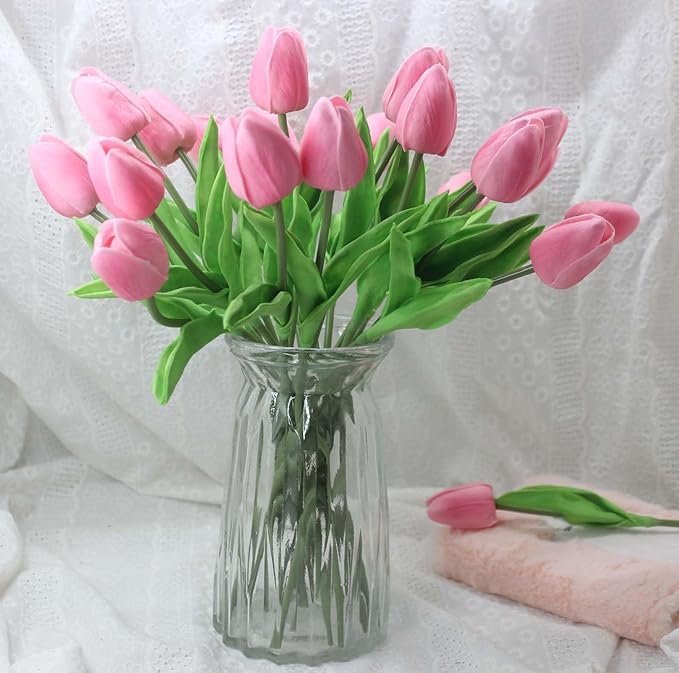 10-Heads Tulips Artificial Flowers Arrangement Centerpiece Decoration Flowers for Wedding Flowers Bouquets Office Desk (Pink)