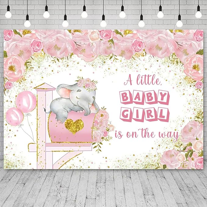 9x6ft Elephant Baby Shower Backdrop A Little Baby Girl is On The Way Photography Background Pink Floral Balloon Mailbox Baby Girls Party Banner Decorations Newborn Portrait Photo Booth Prop
