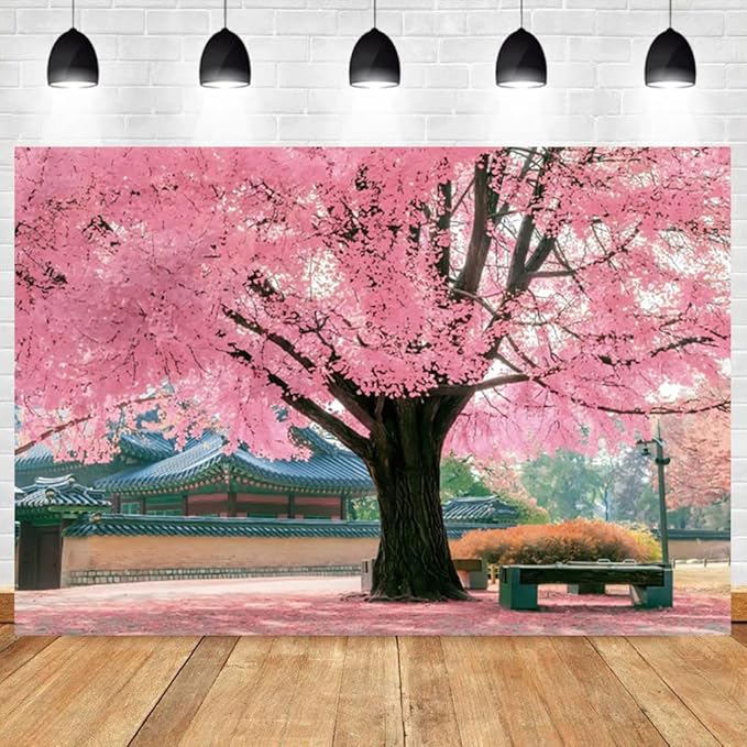 Renaiss 9x7ft Pink Cherry Blossom Backdrop Polyester Fabric Japan Cherry Floral Tree Landscape Palace Asian Themed Party Photography Background Wedding Birthday Party Decor Photo Booth Props