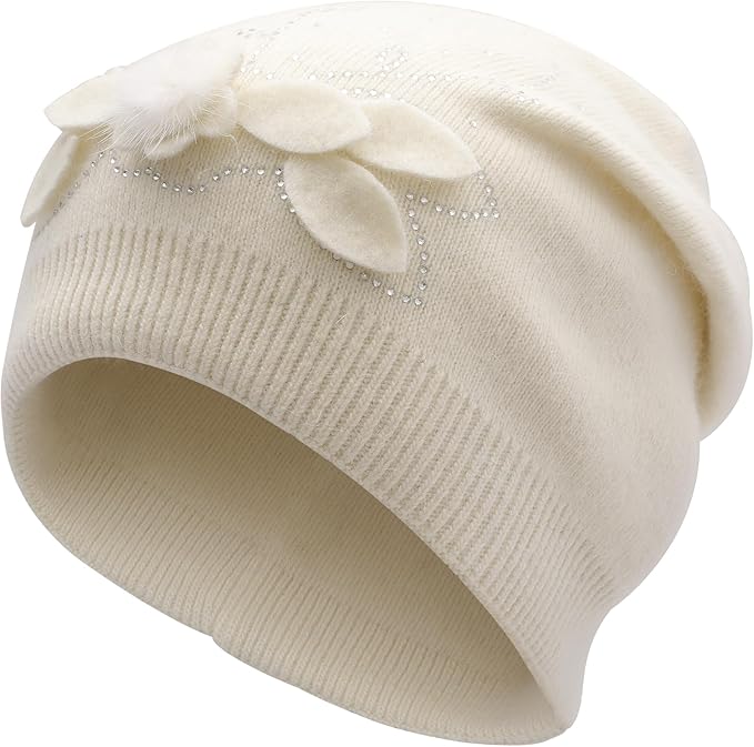 ZLYC Women Floral Slouchy Beanie Hat Double Layer Winter Knit Skull Cap