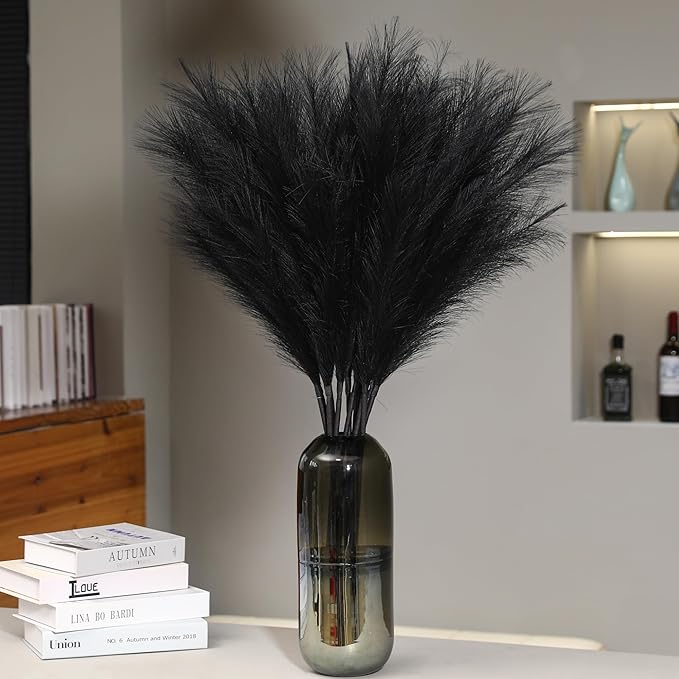 9 Stems Black Pampas Grass - 38 Inch Tall Faux Pompous Grass Decor, Long Artificial Pompas Floral for Gothic Room Decoration, Wedding Flower Arrangement, Halloween and Home Decor (Black)