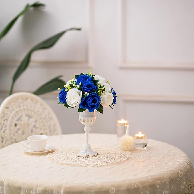 Flower Balls Wedding Rose Centerpieces: 10 Pcs Fake Flowers Royal Blue&White Kissing Balls Decor Artificial Floral Arrangements Flower Bouquet of Roses Home Party Table DIY Decorations