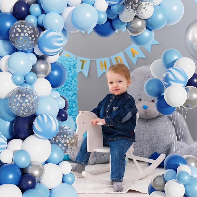 Amandir 134Pcs Blue Balloons Arch Garland Kit, Different Sizes 12 10 5 inch Navy Royal Light Blue Latex Confetti Balloons for Boys Birthday Baby Shower Winter Wonderland Graduation Party Decorations