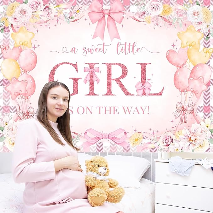 Mocsicka Bow Baby Shower Backdrop Pink Floral Baby Girl Shower Photo Background Banner Sweet Little Girl on The Way Decorations for Baby Shower Party Supplies Photo Props (5x3ft (60x36 inch))