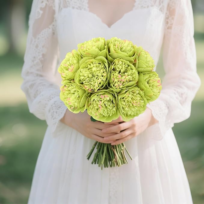 U'Artlines 10 Heads Artificial Peony Silk Flower Leaf Home Office Wedding Party Festival Bar Decor (Green)