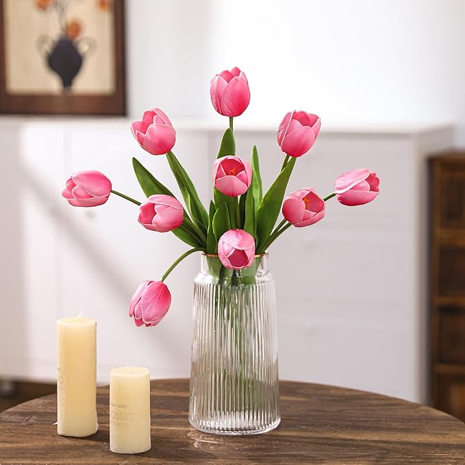10PCS Artificial 18.5" Long Stem Pink Tulips Bouquet PU Flowers, Fake 6 Color Tulip Faux Flowers with Bendable Stems for Floral Table Wedding Home Decor