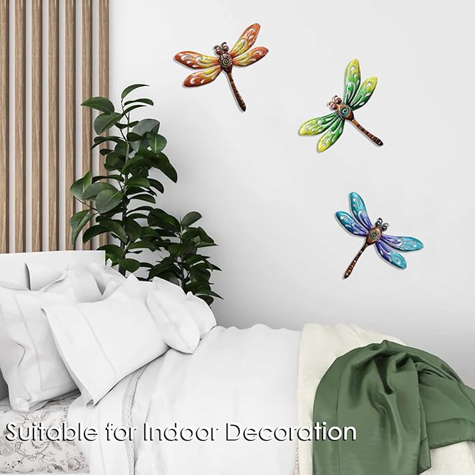 Dragonfly Wall Art Decor, Metal Indoor Outdoor Fence Outside Christmas Decorations for Living Room Bedroom, 9 Inch 3 Pack, Hand-made Vibrant Ornament Sculpture for Patio Balcony