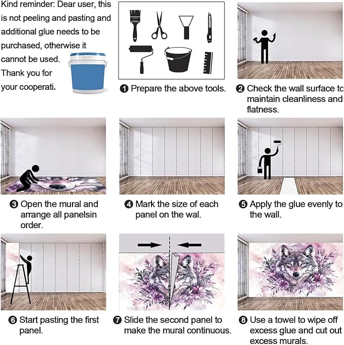 KIREUPA Wolf with Floral Watercolor Wall Mural, Purple Wolf Watercolor Art 3d Wall Murals, Art Flower Painting Wallpaper Mural, for Living Room Bedroom Large Wallpaper Indoor Decor 59" W x39.4 H