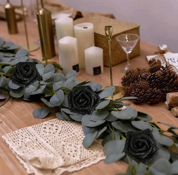 Black Flowers Glitter Rose 30 Pcs Artificial Flowers Glitter Flowers Foam Roses with Stem Faux Flowers for DIY Wedding Bridal Bouquet Party Centerpieces Decor(Black)