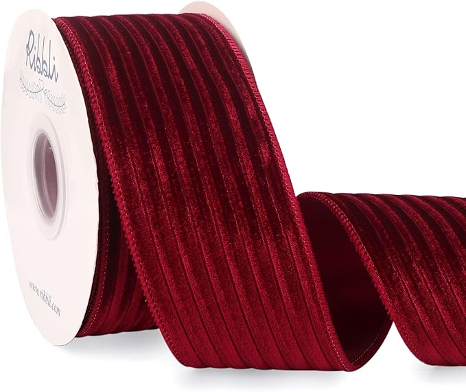 Ribbli Glossy Dark Red Velvet Wired Ribbon 2.5 Inch Striped Velvet Christmas Ribbon for Gift Wrapping Christmas Tree Decoration Crafts Wreaths Supplies-Continuous 10 Yards