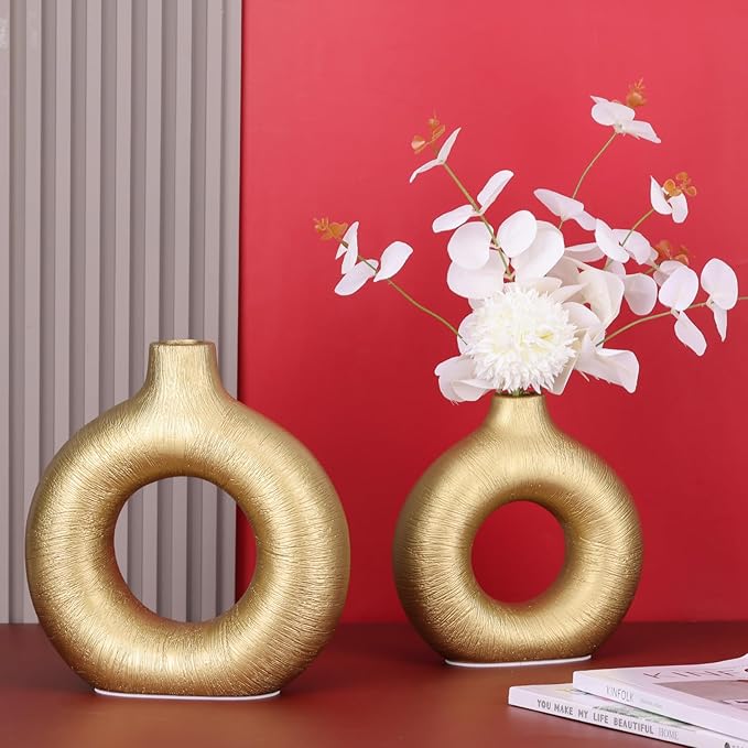 Gold Vase Decor Donut Vase Set of 2 - Circle Hollow Vases, Modern Matte Ceramic Vases for Entryway Living Room Bedroom Dining Table Centerpiece Office Home Decor